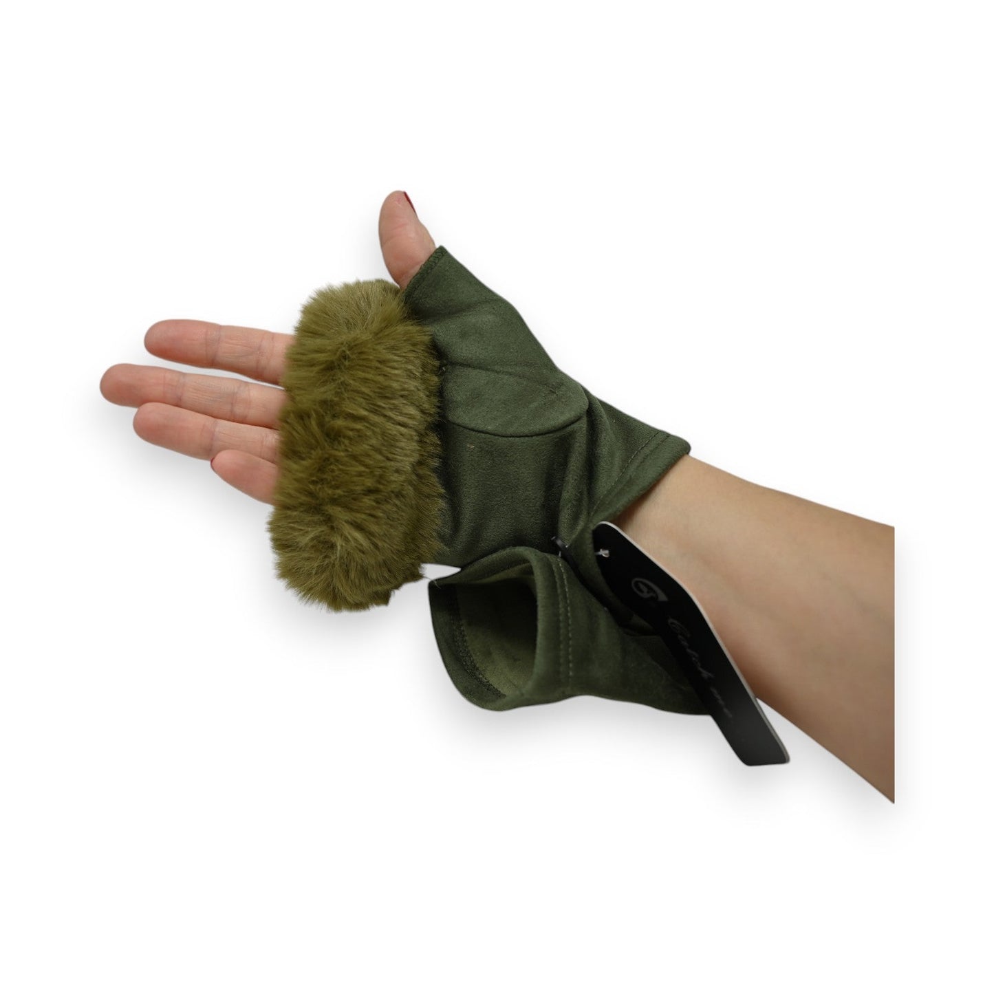 Grüner Fingerloser Handschuh mit Kunstfellbesatz, Daumen und Zeigefinger frei, warmes Winter-Accessoire