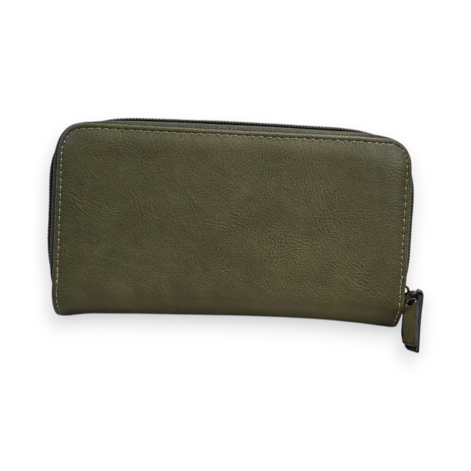 Olivgrüne Leder-Geldbörse mit Reißverschluss, rechteckige Form, glatte Oberfläche und sichtbare Naht am Rand