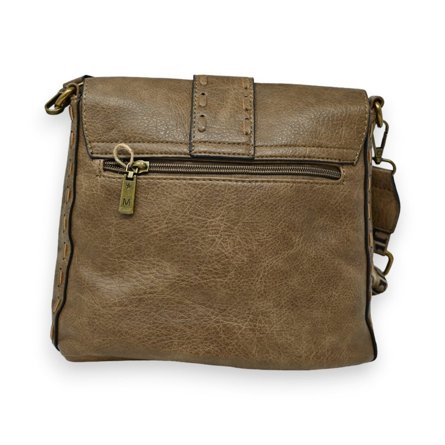 Braune Leder-Umhängetasche mit Reißverschluss, Mandoline-Design, Vintage-Look, Messing-Beschläge, quadratische Form