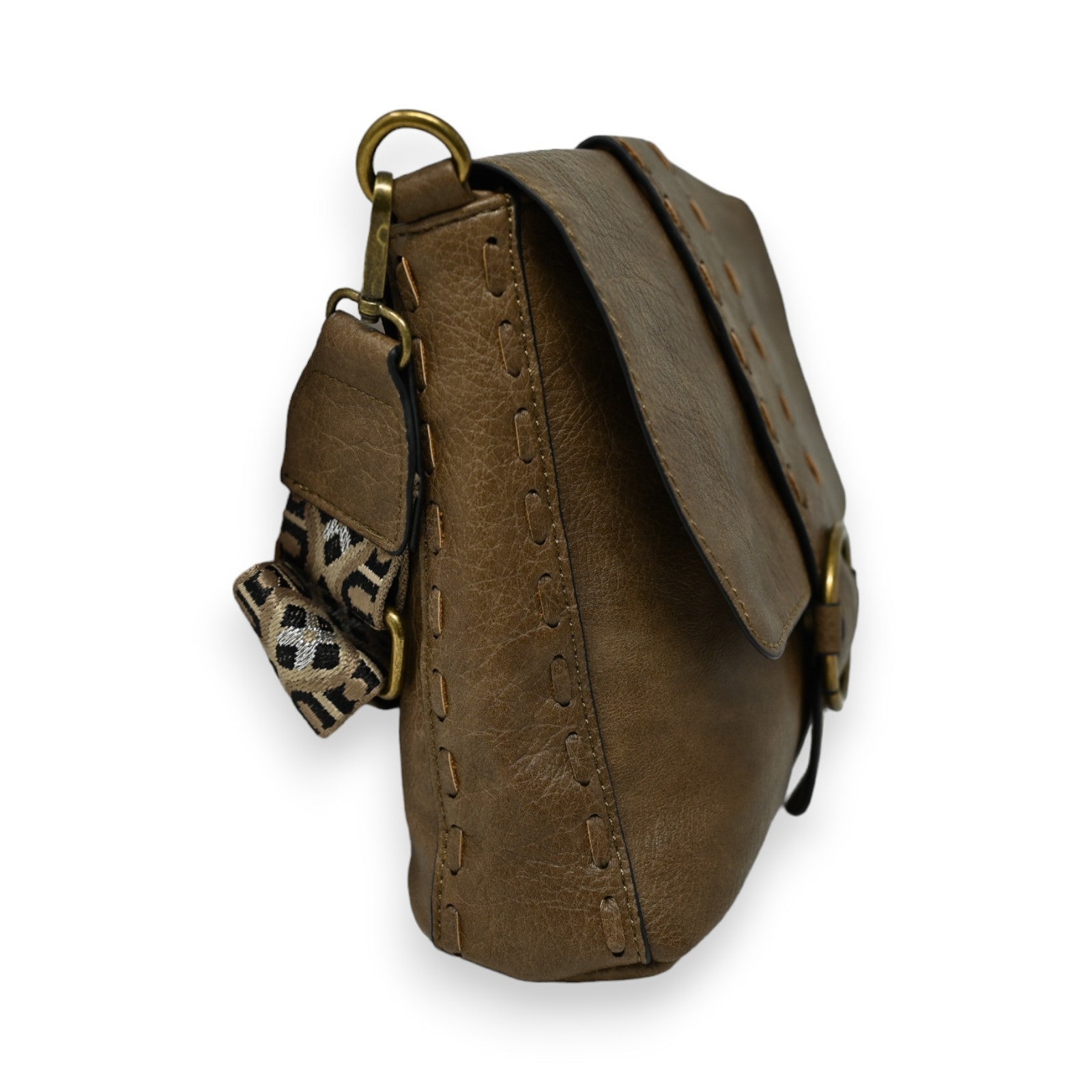 Braune Leder-Umhängetasche mit Mandoline-Design, Stickdetails und Leoparden-Muster-Akzent, seitliche Ansicht