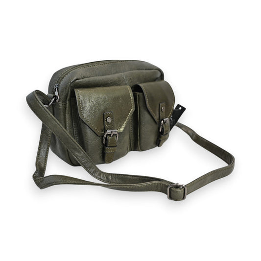 Grüne Leder-Umhängetasche mit mehreren Fächern, verstellbarem Riemen und Schnallenverschlüssen im Vintage-Stil