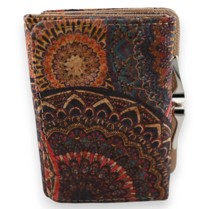 Kleine kompakte Korkgeldbörse mit bunten Mandala-Mustern und Schnürverschluss