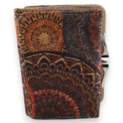 Kleine kompakte Korkgeldbörse mit bunten Mandala-Mustern und Schnürverschluss