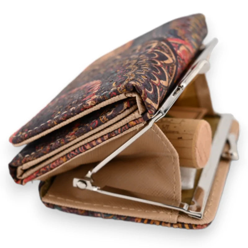 Kleine kompakte offene Korkgeldbörse, Blumenmuster, Metallverschluss