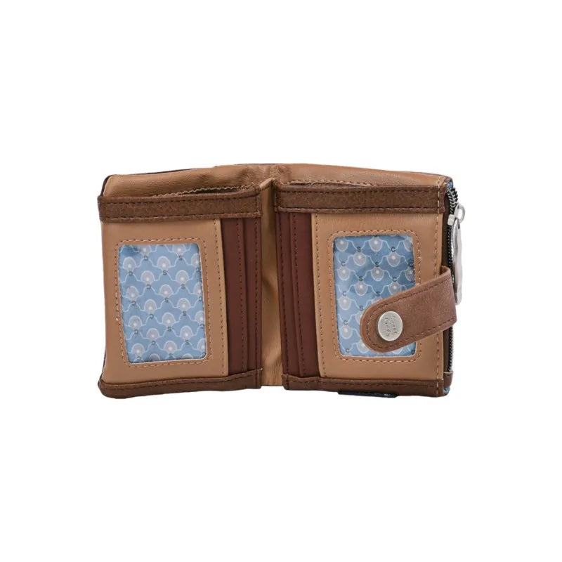 Kleine offene Geldbörse aus Kamel- und braunem Leder mit Fächern und durchsichtigen Fenstern...