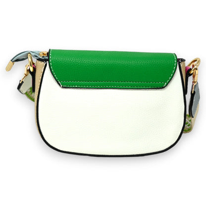 Kleine Umhängetasche aus Leder in Weiß und Grün mit Goldakzenten, elegantes Design für Damen