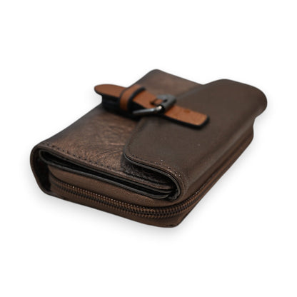 Kompakte Brieftasche aus bronzefarbenem Leder mit Reißverschluss und Schnallenverschluss, Mélanie Paris Design