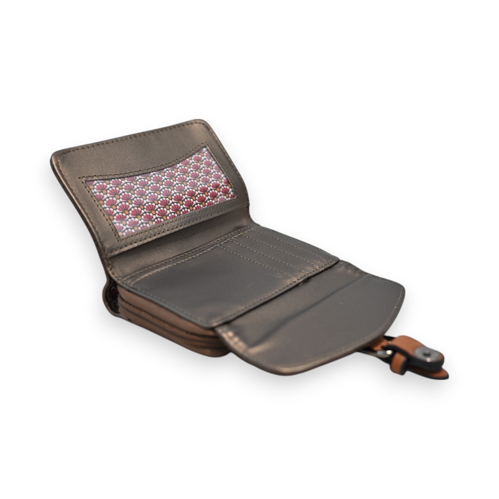 Kompakte Brieftasche in Bronze mit dekorativem Muster, mehreren Fächern und Verschluss, Marke Mélanie Paris