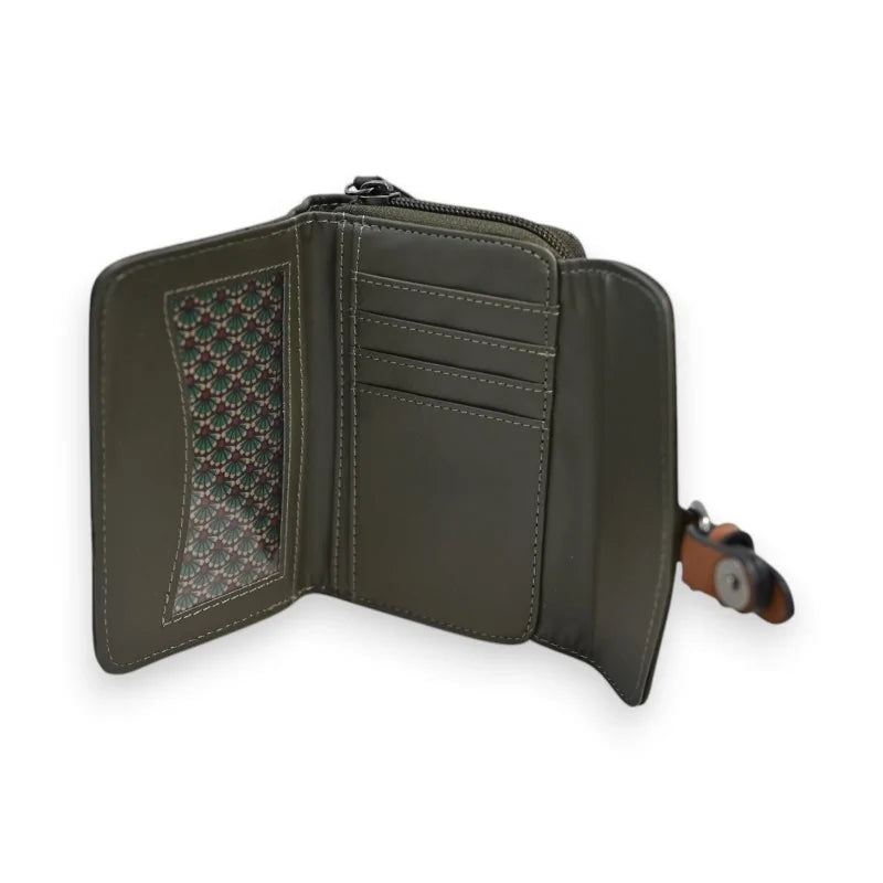 Kompakte khakifarbene Geldbörse mit Kartenfächern und Reißverschluss