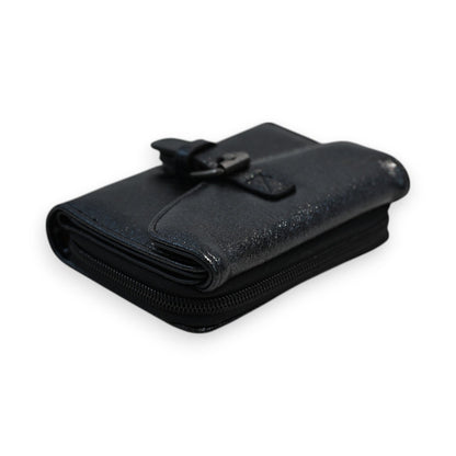 Kompakte schwarze Brieftasche aus glänzendem Leder mit Reißverschluss und Schnappverschluss, Marke Mélanie Paris