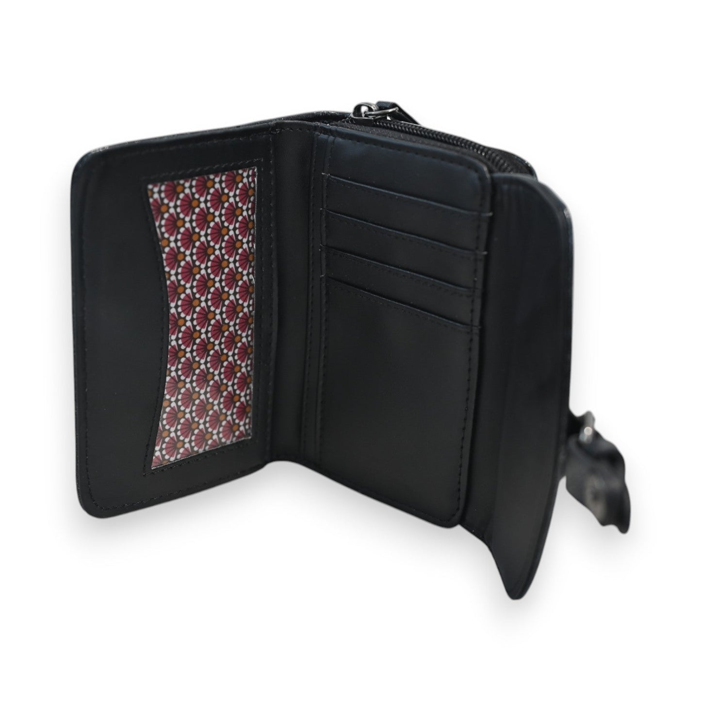 Kompakte schwarze Brieftasche mit Reißverschluss, Kartenfächern und dekorativem Innenfutter in Rot und Weiß