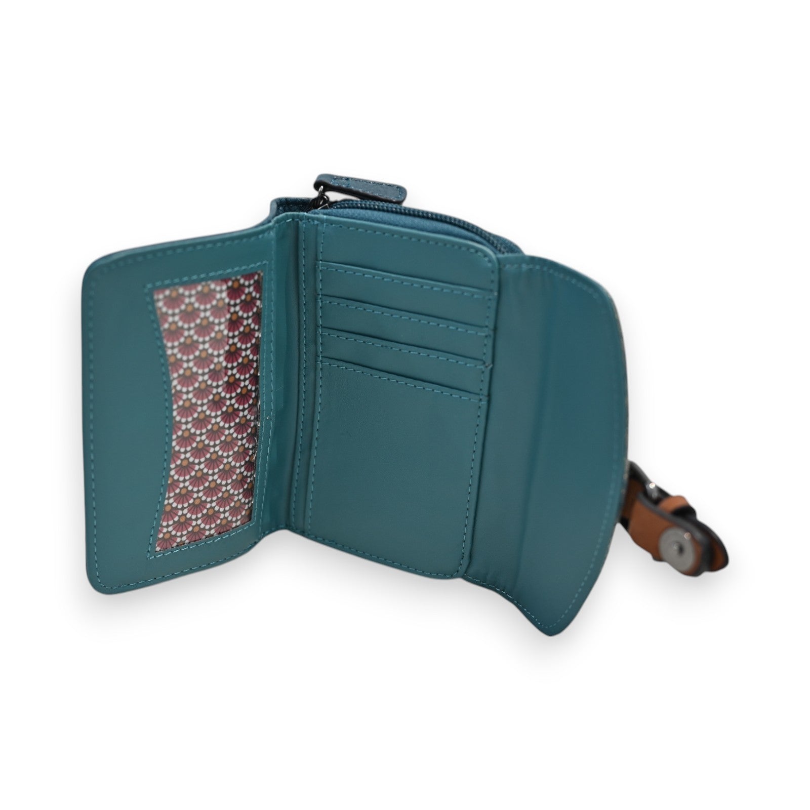 Kompakte türkisfarbene Leder-Brieftasche mit Reißverschluss, Kartenfächern und goldenem Muster-Innenfutter
