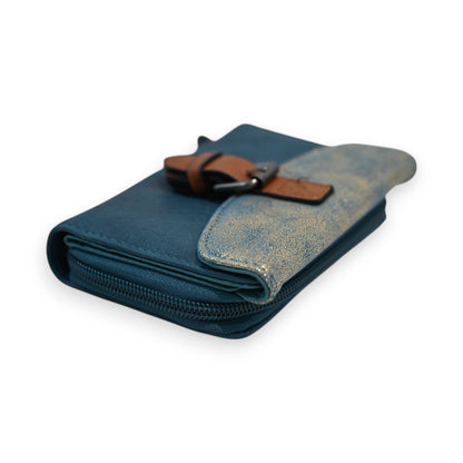Kompakte Brieftasche in Petrolblau und Gold mit Reißverschluss, Lederklappe und braunem Verschluss, elegantes Design