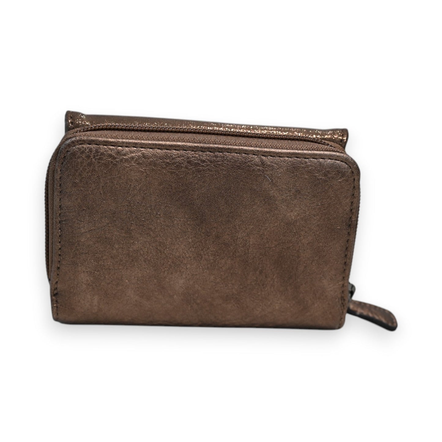 Kompakte braune Leder-Brieftasche mit Reißverschluss, rechteckige Form, robuste Verarbeitung, Bronze-Optik