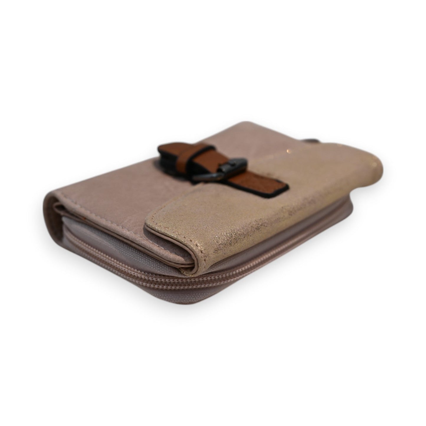 Kompakte roségoldene Leder-Geldbörse mit Reißverschluss und Schnallenverschluss, elegantes Design für Damen