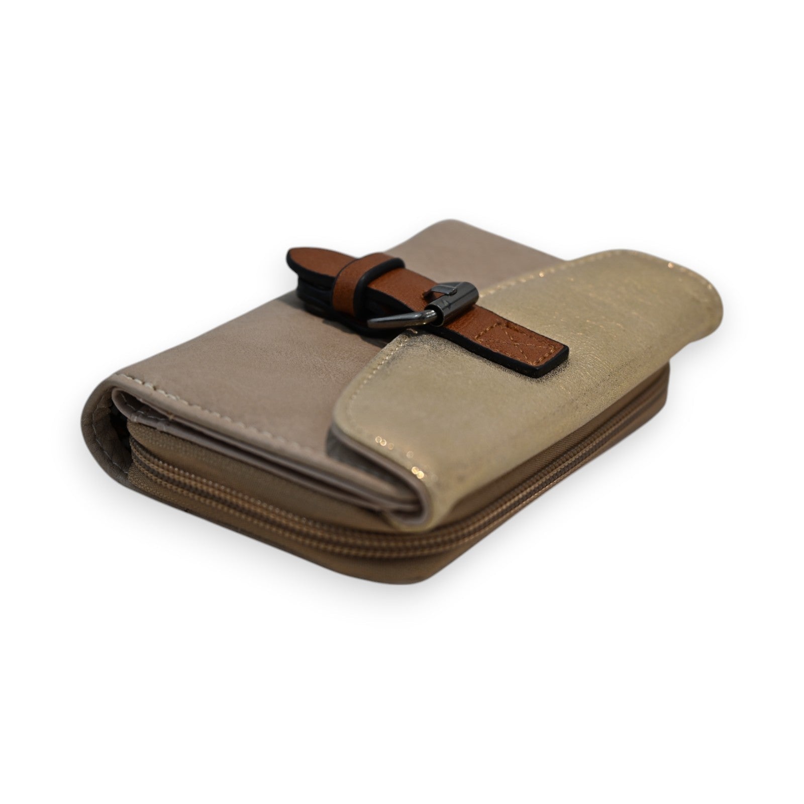 Kompakte Geldbörse in Taupe und Gold mit Lederriemen, Reißverschluss und elegantem Design für Damen