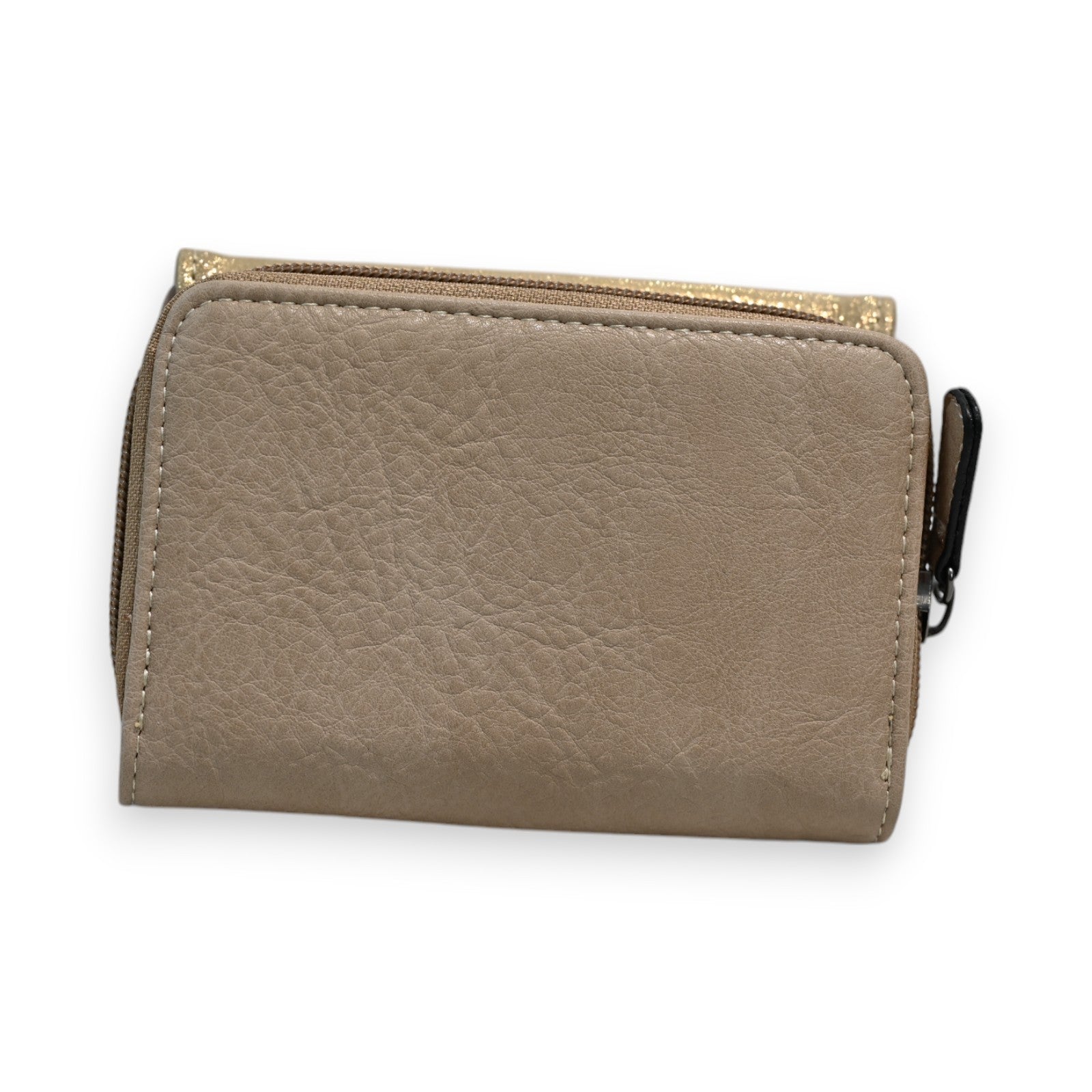 Kompakte Geldbörse in Taupe-Leder mit goldenen Akzenten, Reißverschluss und strukturierter Oberfläche