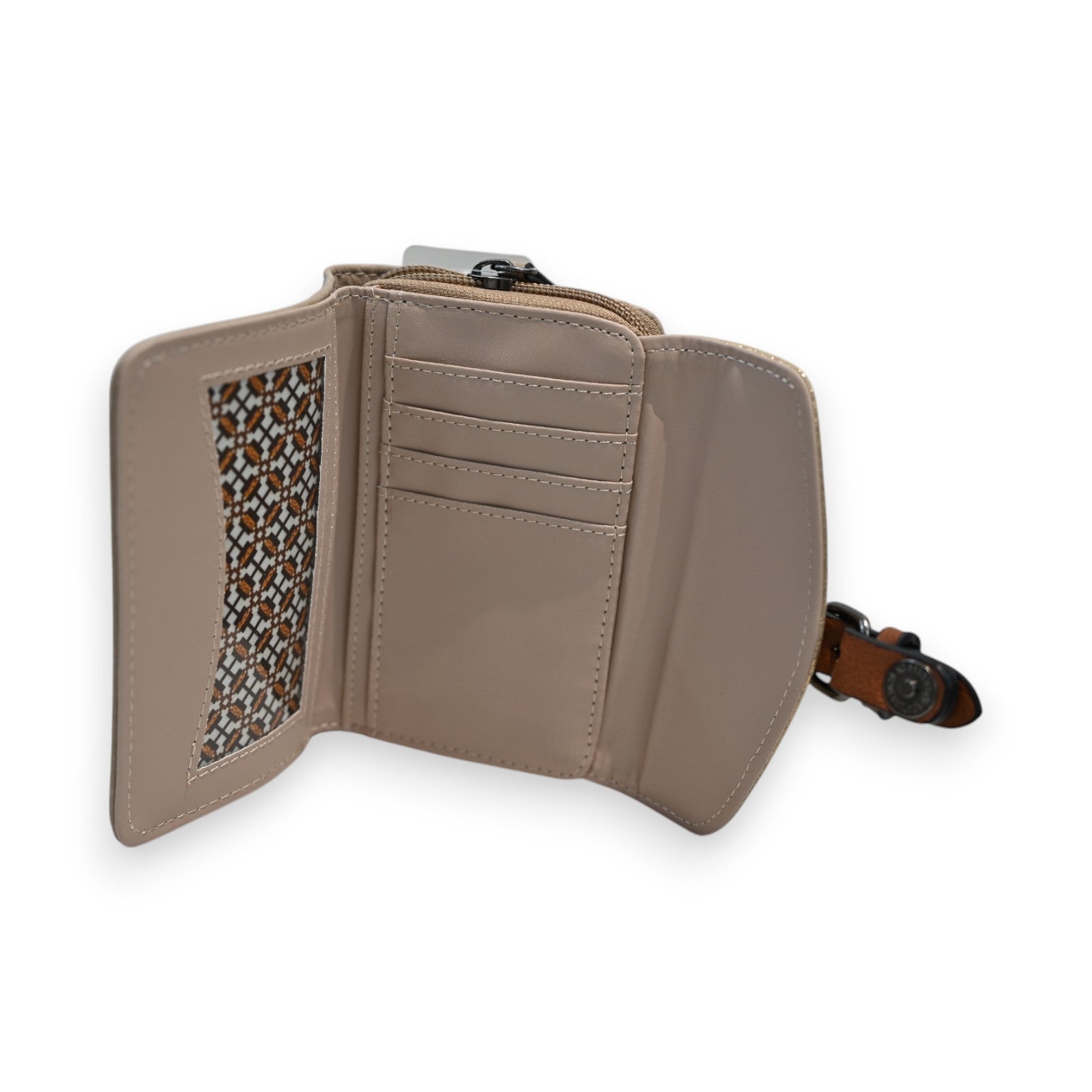 Kompakte Geldbörse in Taupe mit Goldakzenten, Reißverschluss, Kartenfächern und gemustertem Innenfutter