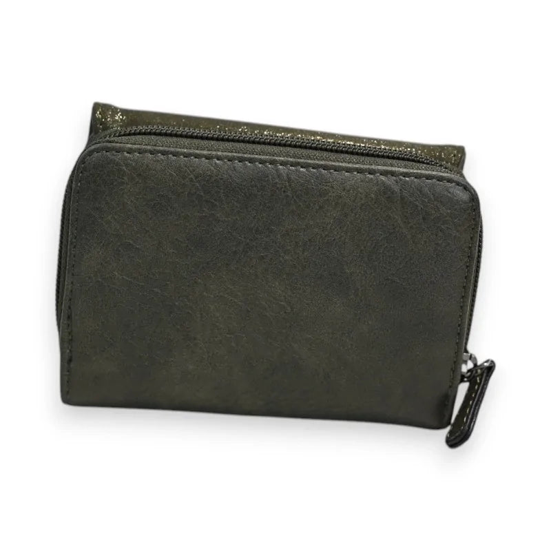 Kompakte Geldbörse aus dunkelkhakifarbenem Leder mit Reißverschluss, schlichtes und praktisches Design...