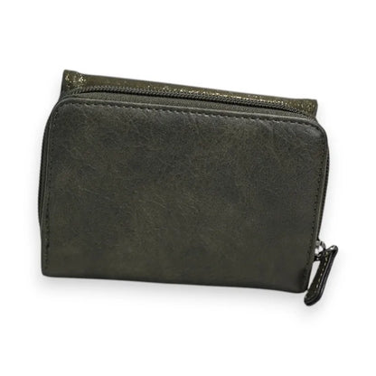 Kompakte Geldbörse aus dunkelkhakifarbenem Leder mit Reißverschluss, schlichtes und praktisches Design...