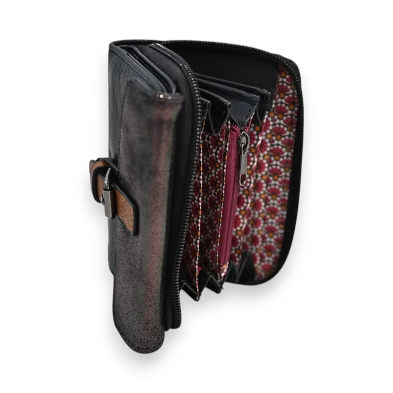 Kompakte schwarze Geldbörse Mélanie Paris mit Blumenmuster-Innenfutter und Fächern