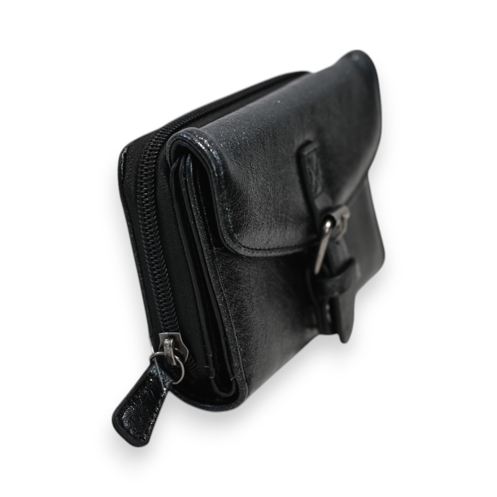 Kompakte schwarze Leder-Brieftasche mit Reißverschluss und Schnallenverschluss, elegant und praktisch für den Alltag