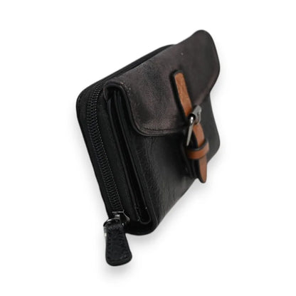 Kompakte schwarze Lederbrieftasche mit Reißverschluss und Klappverschluss mit Schnalle, Marke Mé...