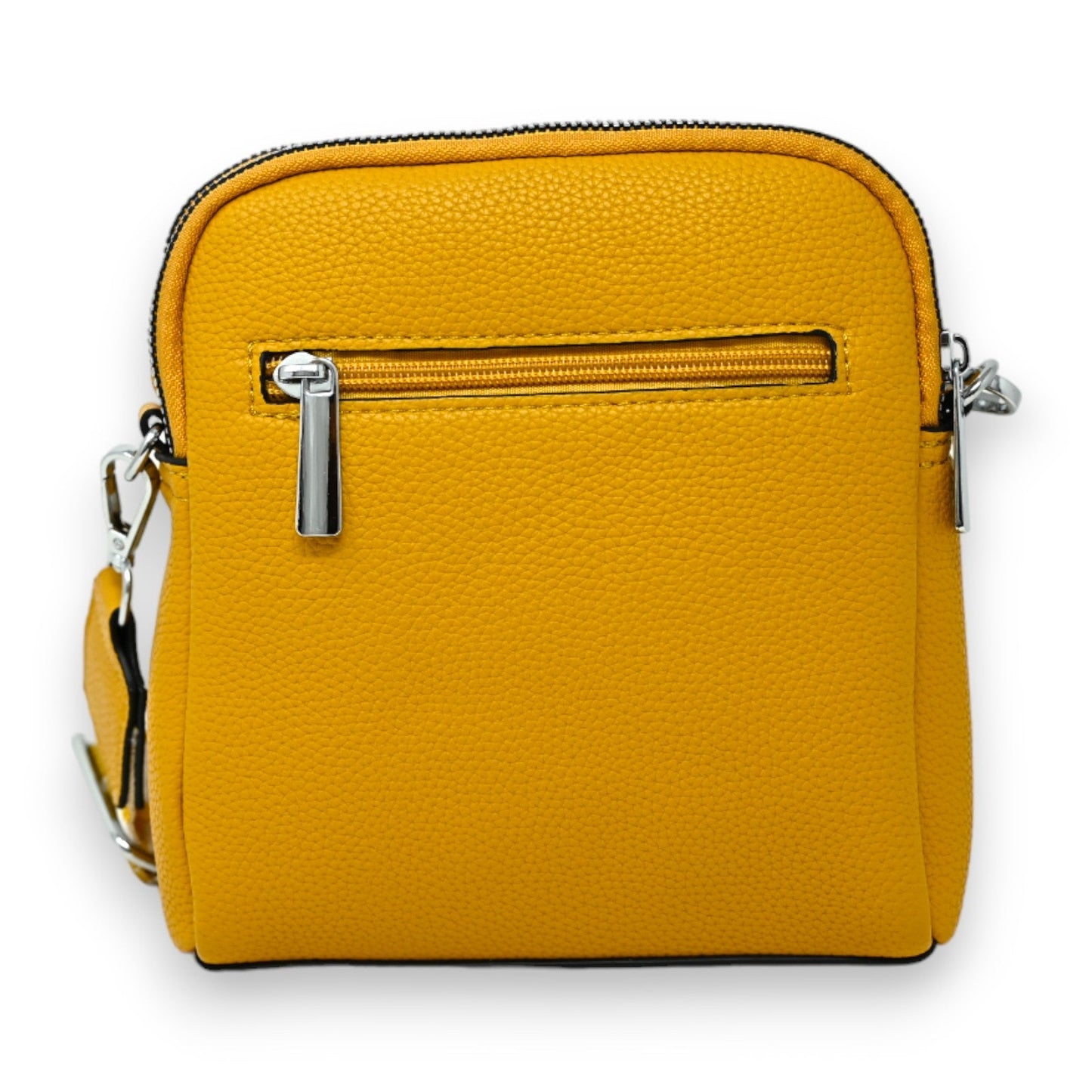 Kompakte senfgelbe Umhängetasche aus Leder mit Reißverschluss und Vordertasche, silbernen Beschlägen und texturierter Ober...