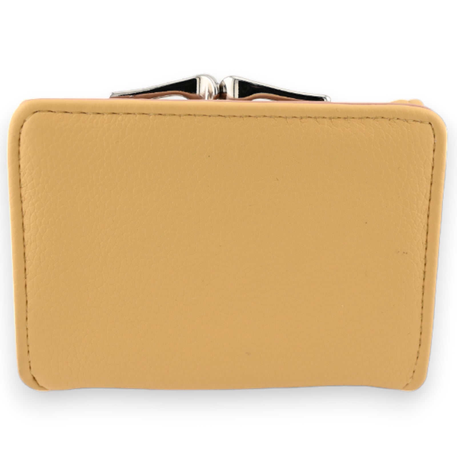 Kleiner, kompakter Geldbeutel in Senfgelb aus Leder mit silbernem Verschluss, quadratische Form, glatte Oberfläche