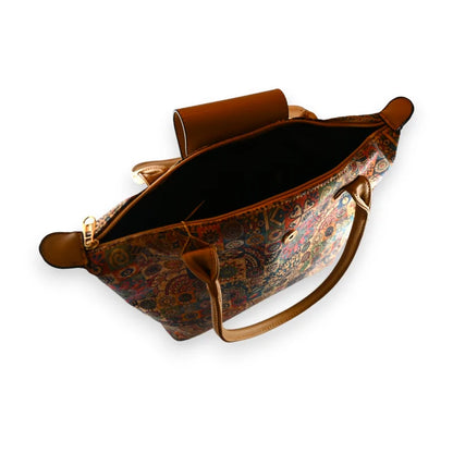 Braune Kork-Handtasche mit Blumenmuster, Klappe und Griffen, geöffnet und zeigt das I...