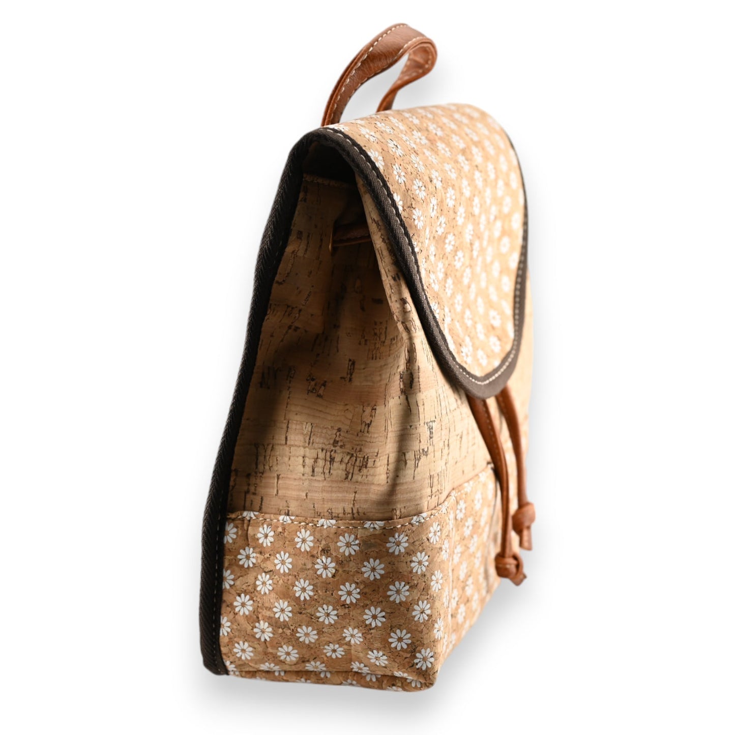 Rucksack aus Naturkork mit Gänseblümchenmuster, Ledergriff und Korkinnenraum, umweltfreundliches Design
