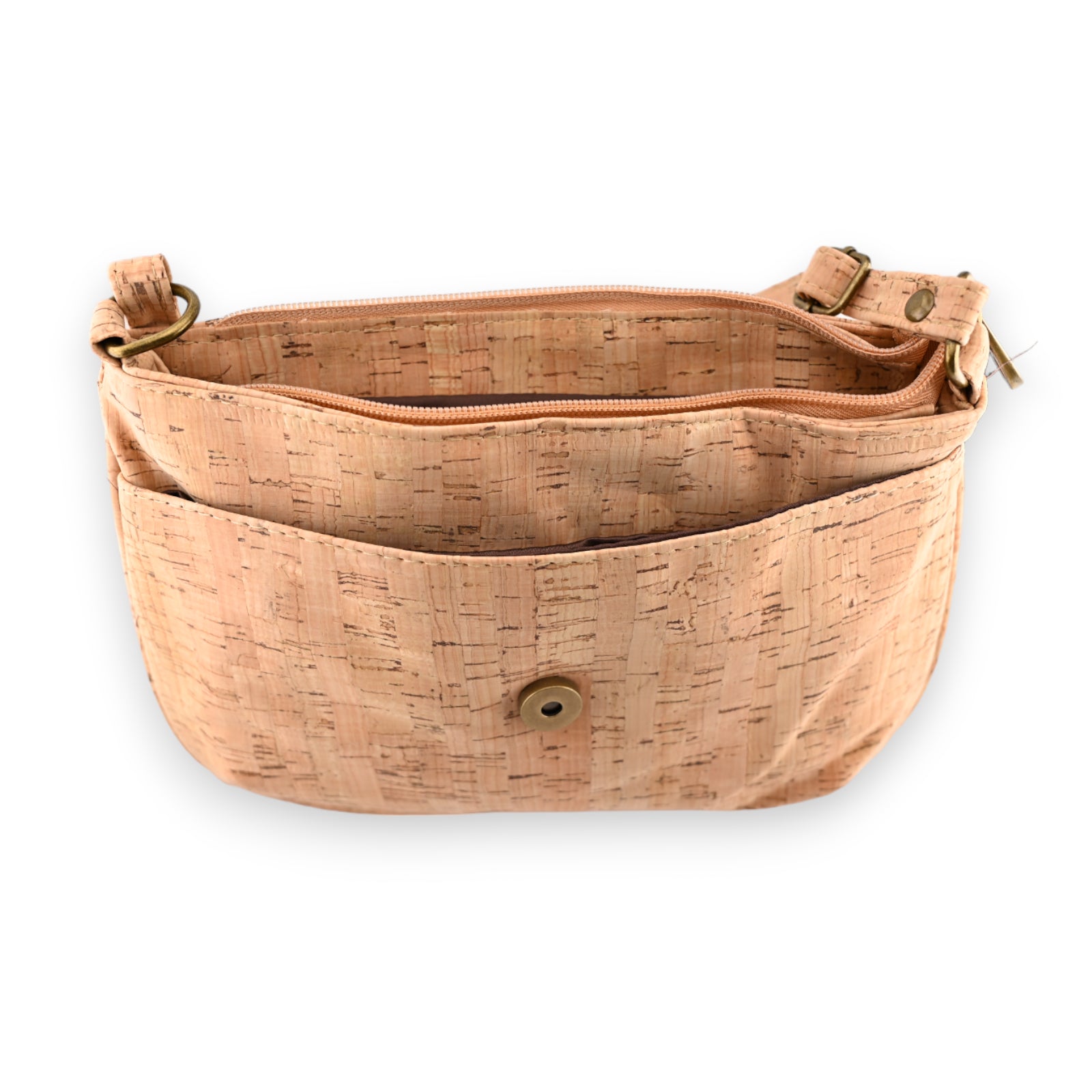 Umhängetasche aus hellem Kork mit Klappe, Reißverschluss und Verstellriemen, nachhaltig und elegant