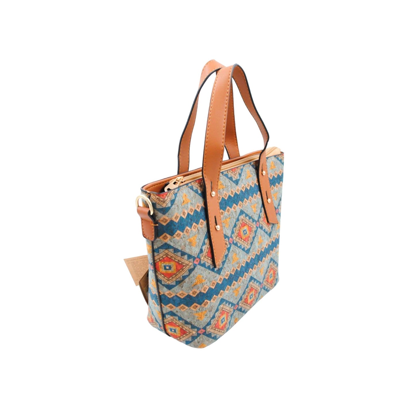 Handtasche aus Kork mit blau-orangem ethnischem Muster und braunen Ledergriffen, Seitenansicht