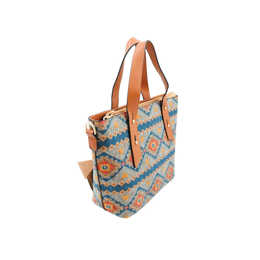 Handtasche aus Kork mit blau-orangem ethnischem Muster und braunen Ledergriffen, Seitenansicht