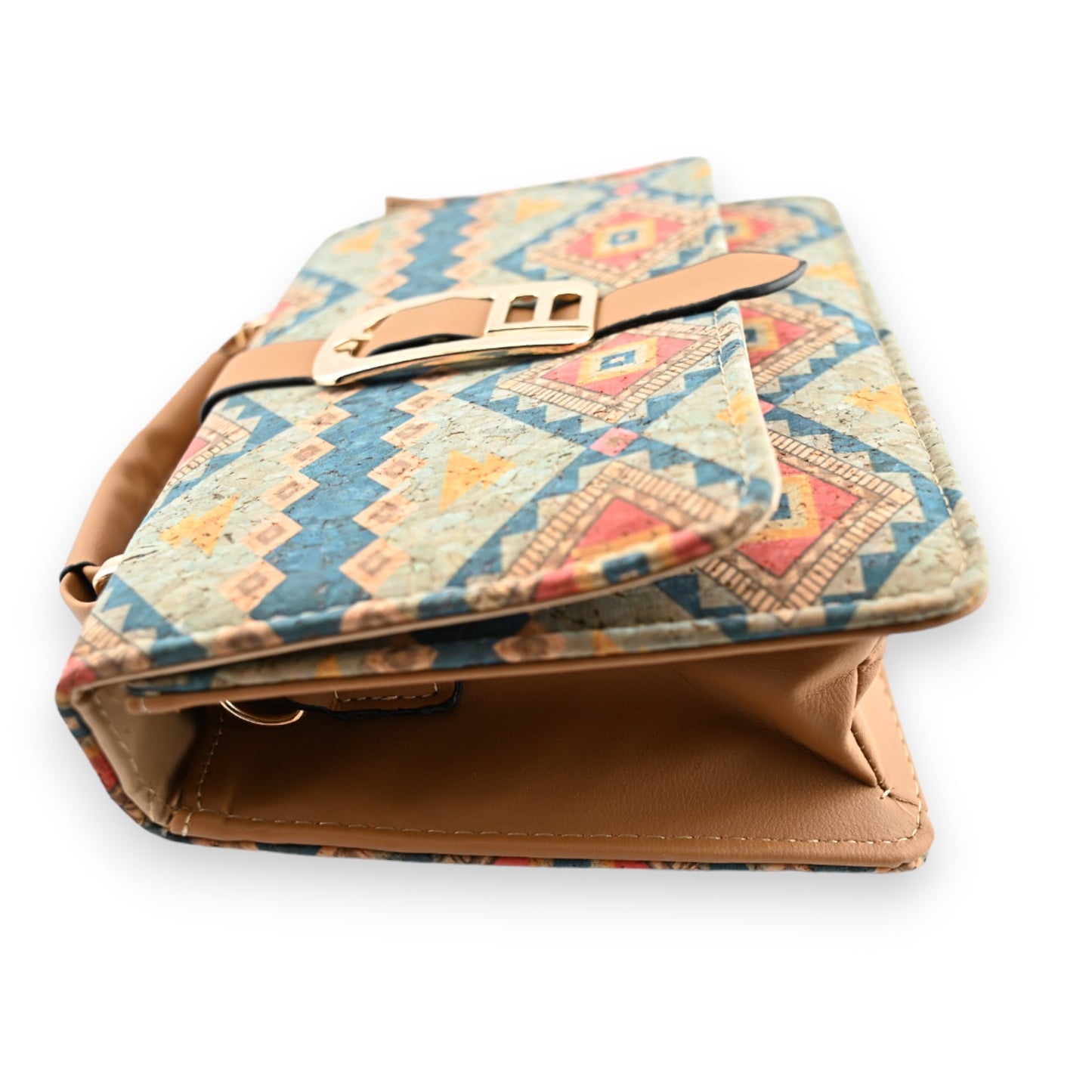 Bunte Umhängetasche aus Kork mit geometrischem Muster, blau-gelb-rote Azteken-Designs, Lederriemen und Goldverschluss