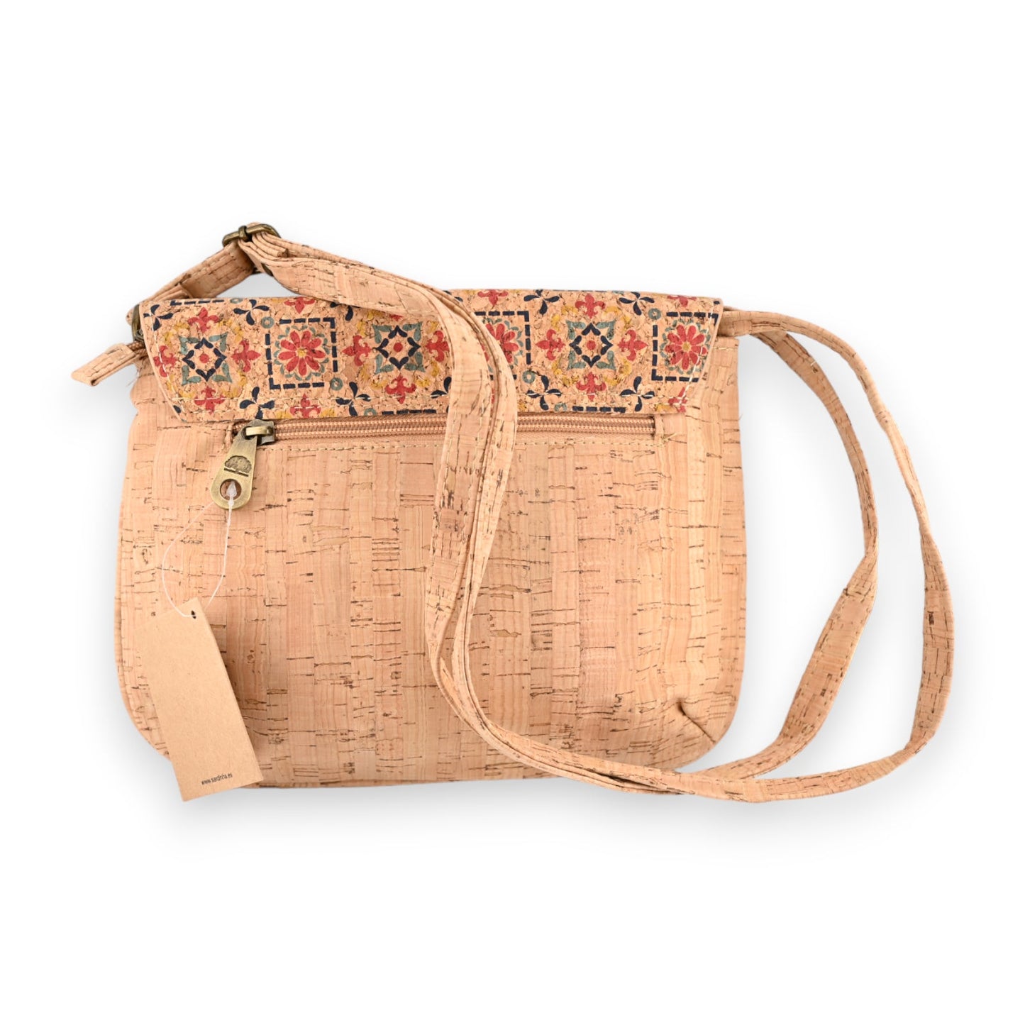 Umhängetasche aus Kork mit buntem Blumenmuster, Reißverschluss und verstellbarem Riemen, natürliche Textur