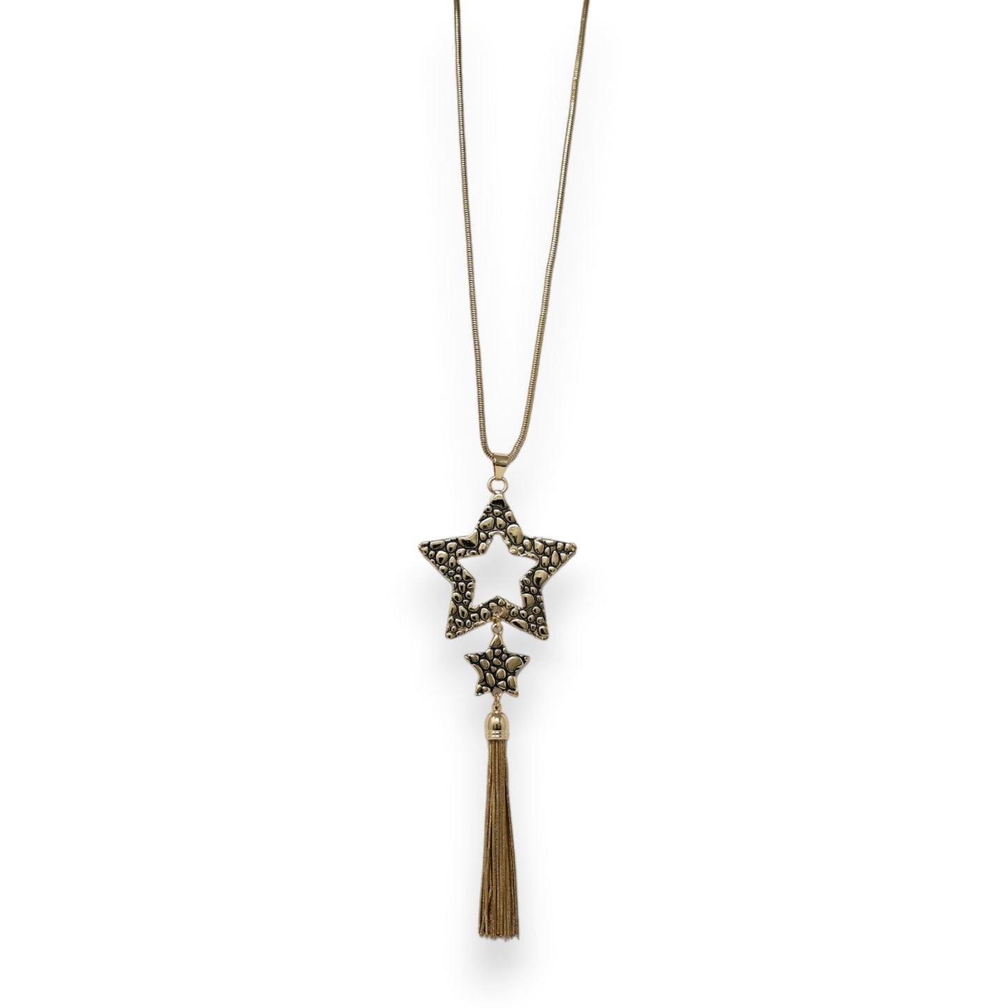 Lange goldene Halskette mit Sternanhänger, Quaste und filigranem Design, Vintage-Look, Statement-Schmuck