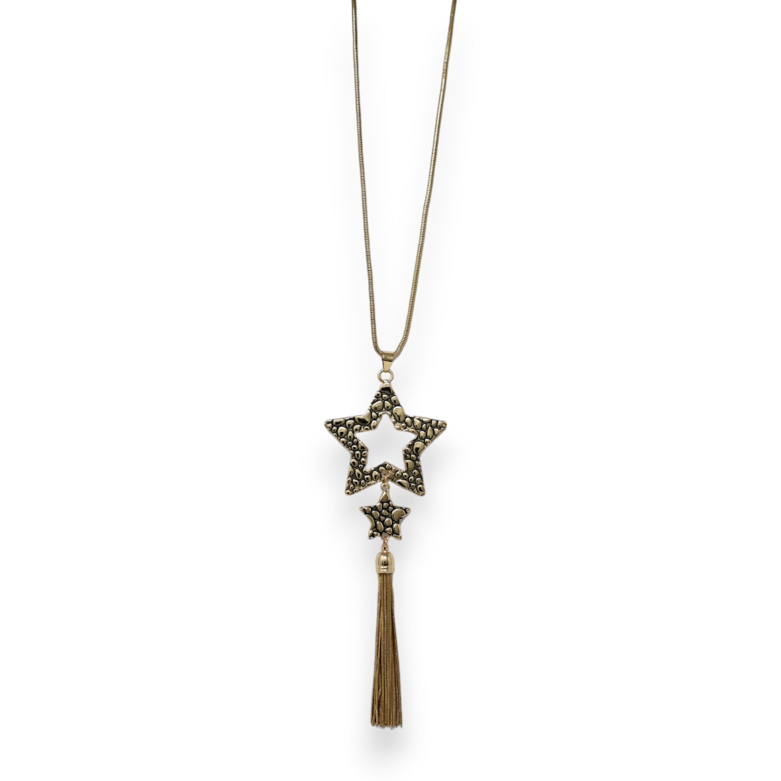 Lange goldene Halskette mit Sternanhänger, Quaste und filigranem Design, Vintage-Look, Statement-Schmuck