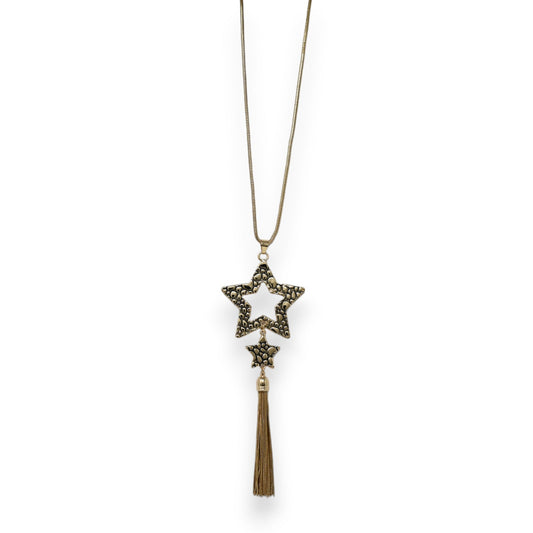 Lange goldene Halskette mit Sternanhänger, Quaste und filigranem Design, Vintage-Look, Statement-Schmuck