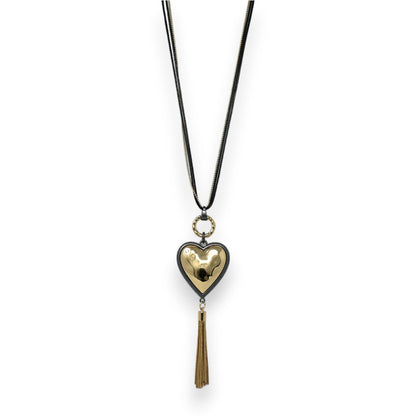 Lange Halskette mit goldenem Herzanhänger und Quaste, schwarze Kordel, eleganter Schmuck mit Vintage-Charme