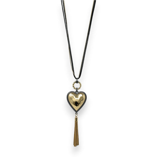 Lange Halskette mit goldenem Herzanhänger und Quaste, schwarze Kordel, eleganter Schmuck mit Vintage-Charme