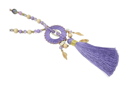 Lange Halskette mit lila Medaillon, Perlen und Quaste, goldene Blattanhänger, Boho-Stil, Modeschmuck