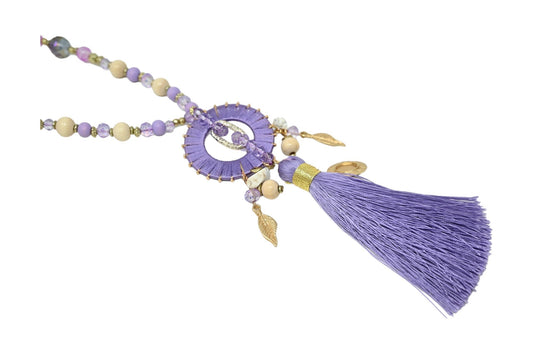 Lange Halskette mit lila Medaillon, Perlen und Quaste, goldene Blattanhänger, Boho-Stil, Modeschmuck
