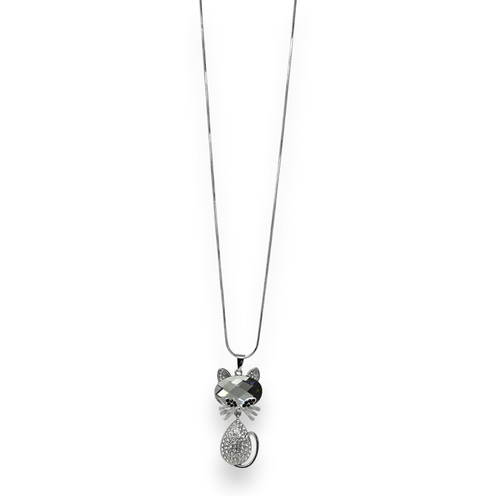 Lange Halskette mit Katzenanhänger aus Strass und grauem Stein, silberfarbene Kette, eleganter Schmuck