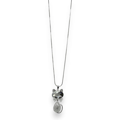 Lange Halskette mit Katzenanhänger aus Strass und grauem Stein, silberfarbene Kette, eleganter Schmuck