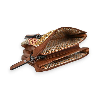 Offene Kamelleder-Patchwork-Brieftasche mit bedrucktem Futter und Reißverschluss