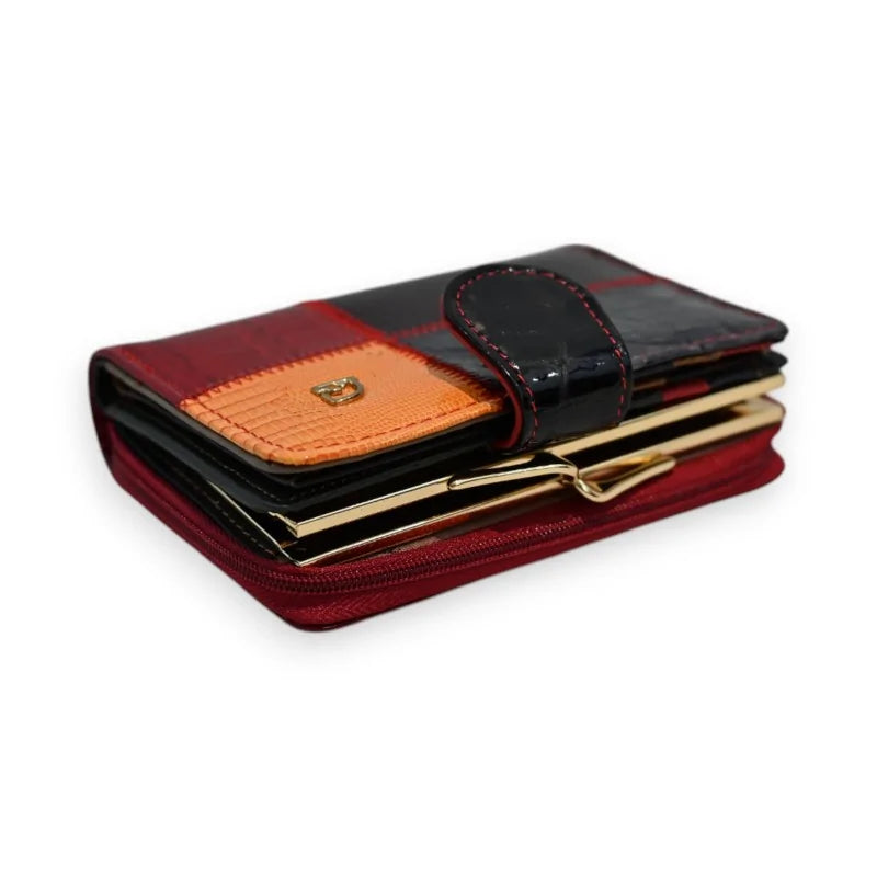 Dreifarbige Patchwork-Lederbrieftasche in Bordeaux, Orange und Schwarz mit goldenem Verschluss