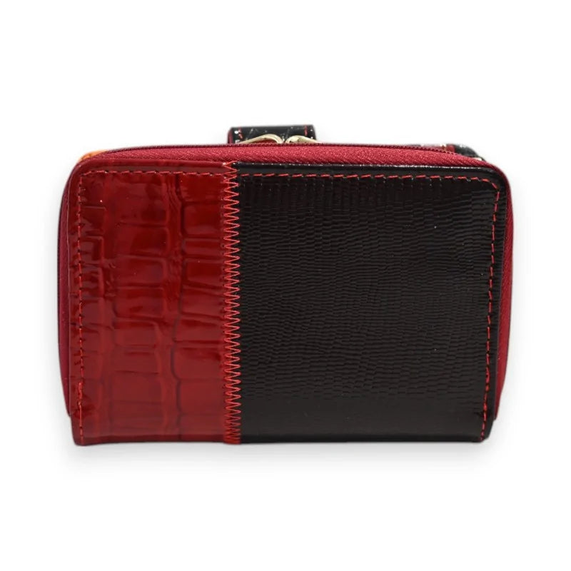 Patchwork-Lederbrieftasche in Rot und Schwarz mit Reißverschluss, elegantes Design