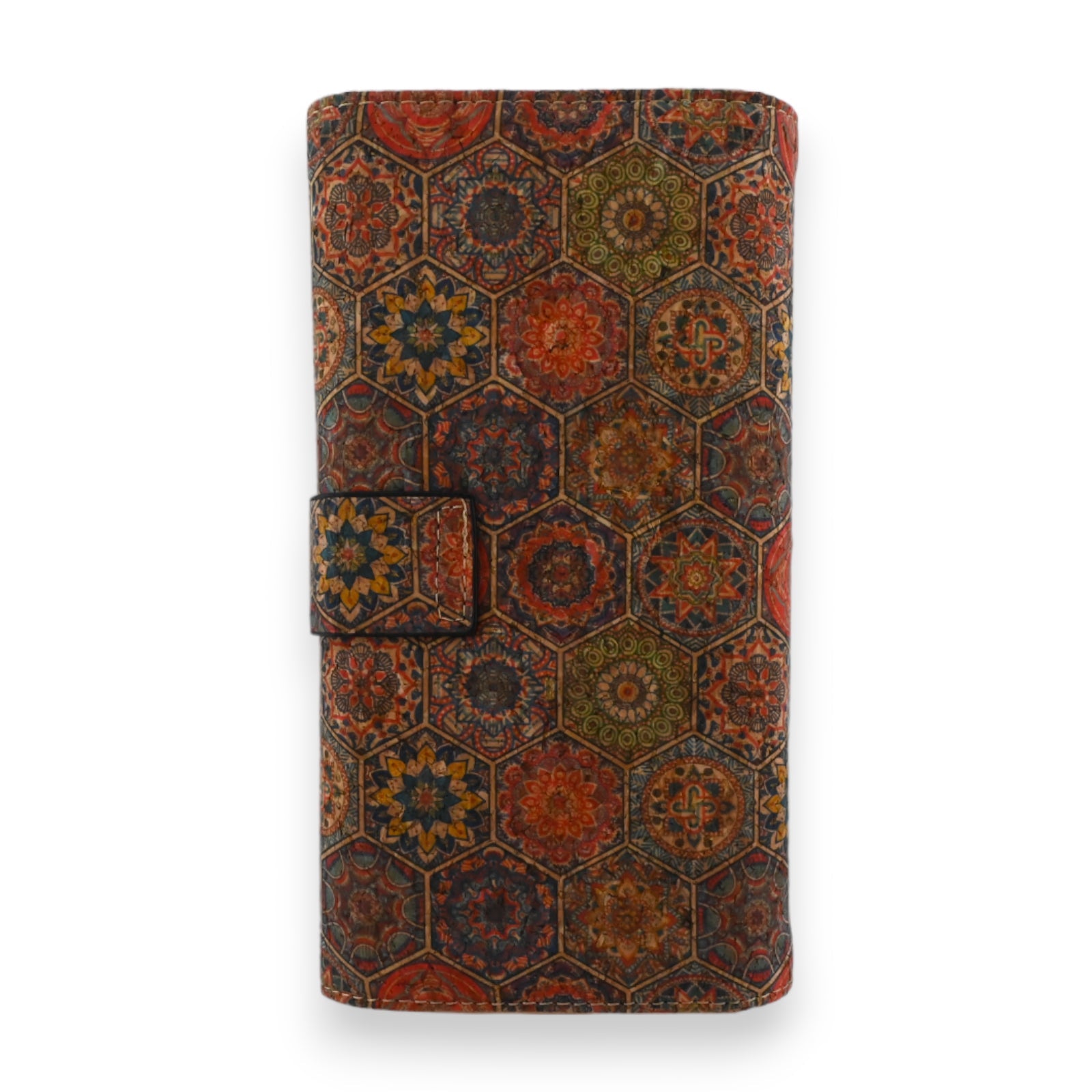 Bunte Lederbörse mit Rosettenmuster aus Sechsecken in warmen Herbstfarben, orientalisches Design, Langformat