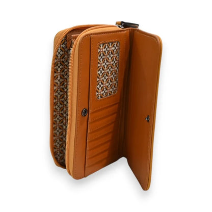 Senfgelbe Lederbrieftasche mit silbernem Lochmuster, geöffnet das Innere zeigend